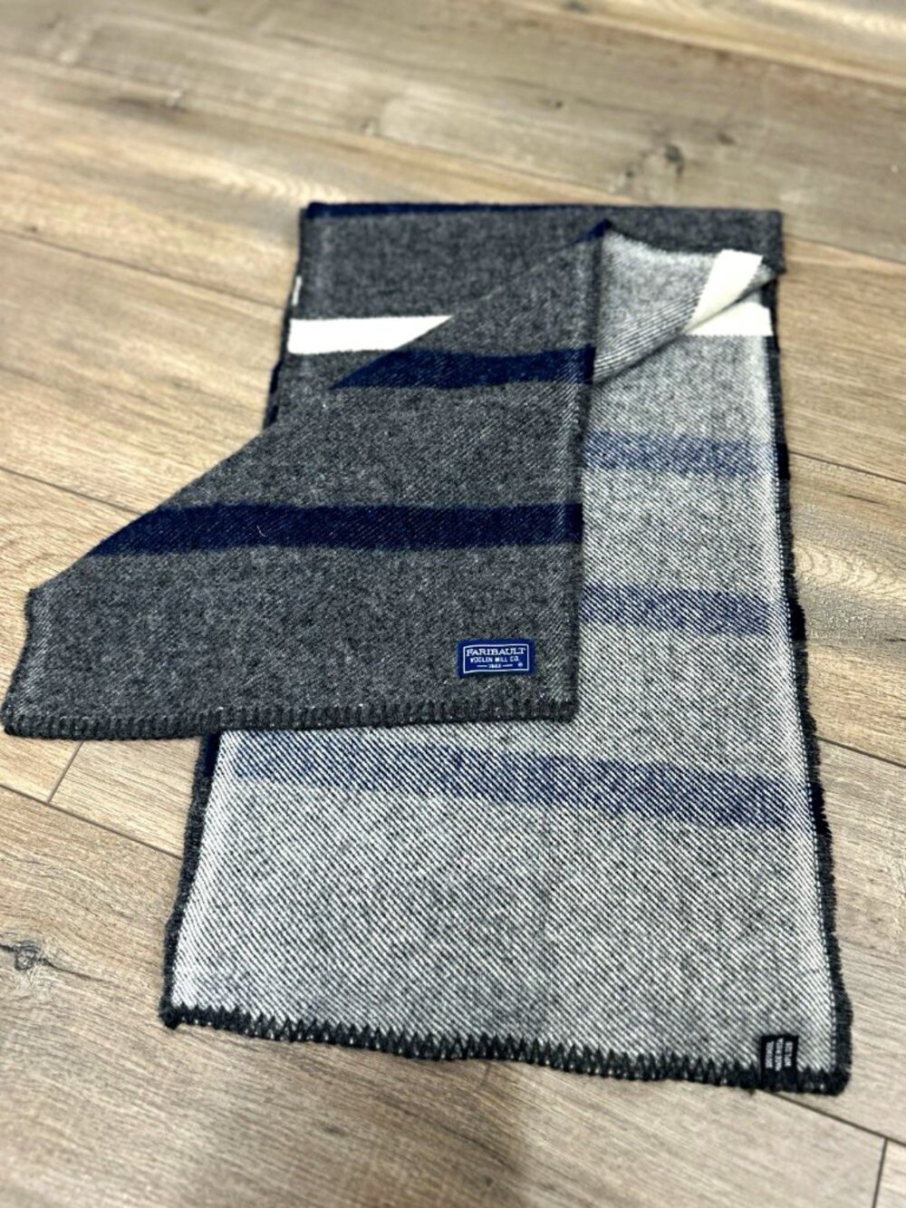 Faribault Woolen Mill Co 100% Wool Scarf Gray Blue White Made in USA